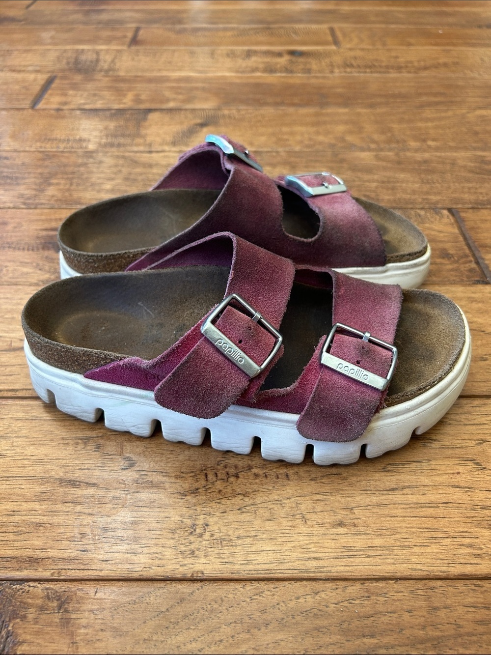 Birkenstock Papillio Arizona Chunky Sandals Suede Leather Burgundy Size 37